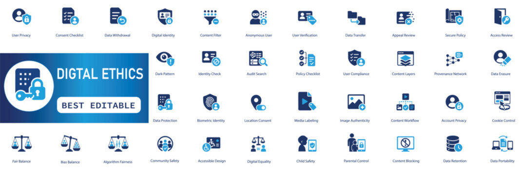 Digital ethics solid icons, data privacy, user consent, online safety, algorithm fairness, and identity protection vector set.