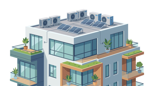 Isometric Modern Apartment Building with Solar Panels and HVAC Units on Roof