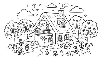 Obraz premium Kawaii coloring page of a cute bear and bunny at a cozy cottage, whimsical forest landscape with stars and moon, black and white line art vector