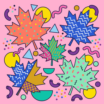 Abstract autumn leaves with geometric patterns, vibrant and playful