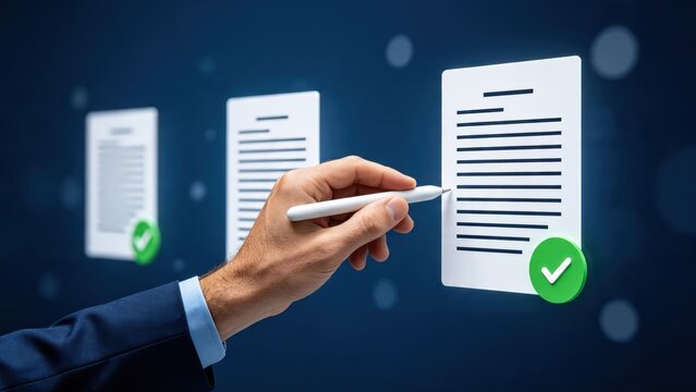 Hand signing digital document on virtual screen with stylus pen, electronic contract approval process with green checkmark icon for business agreement