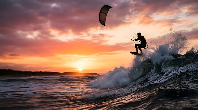 Kite surfer jumping over ocean wave during sunset at beach
