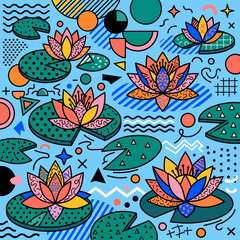 Fototapeta premium Retro Water Lilies Pattern, Memphis Style, Geometric Abstract Background