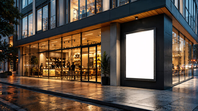 Blank vertical lightbox mockup on modern cafe exterior wall at evening, glowing city restaurant storefront with glass windows, empty outdoor billboard display template for advertising