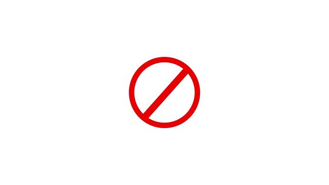 Animation of red ban warning for no entry, prohibition and stop symbol on black background.4 k video...