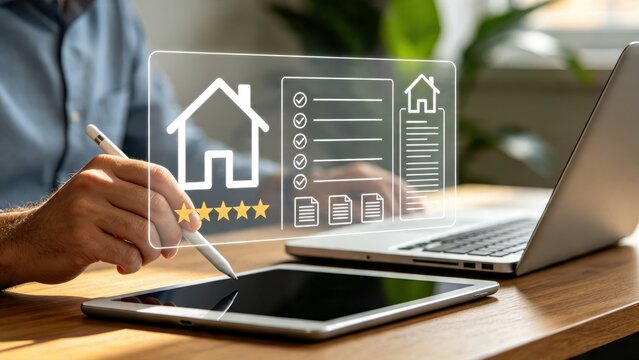 Person using stylus on tablet to rate property rental service with five stars