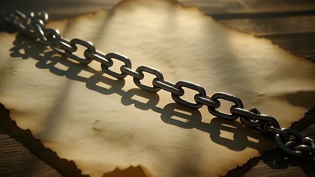 A vintage metal chain casts long, dramatic shadows across a piece of aged, burnt-edged parchment, evoking themes of historical weight, forgotten tales, and enduring strength
