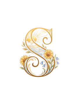 Decorative letter s with sun, ocean waves, and sunflowers isolated on transparent background
