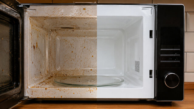 A microwave oven showing a side-by-side comparison of a dirty, stained interior and a clean, spotless interior.