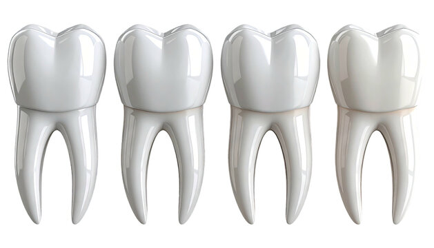 Four human teeth in a row, showing tooth whitening stages