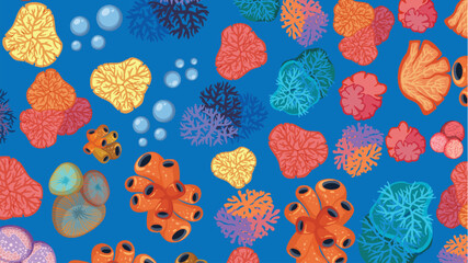 Fototapeta premium Vibrant Underwater Background with Diverse Coral Species and Floating Bubbles