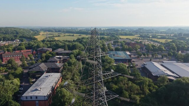 Aerial video of UK power grid, high voltage power lines in Oxford