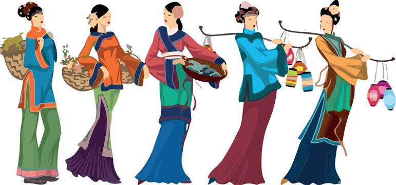 Traditional Chinese Women Character Set Wearing Ancient Hanfu Han Dynasty Clothing For Cultural Vector Illustration Designs