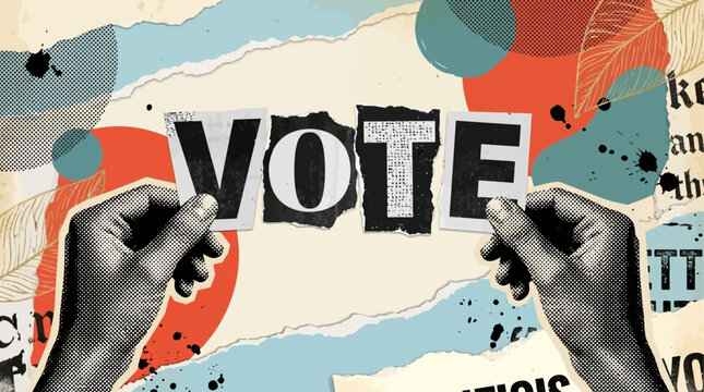 Contemporary Art Collage of Retro Newspaper Cutouts Featuring Halftone Hands Holding Vote Sign for Political Election Campaign and Democratic Suffrage Participation Movement.