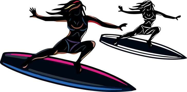Surfer Girl Silhouette Vector Illustration Set with Female Surfers Riding Wave Boards for Summer Sports Designs