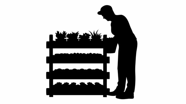 Silhouette of a worker stocking shelves with potted plants