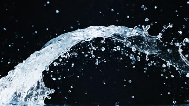 Dramatic water splash with transparent liquid isolated on a dark background showing a curved arch shape