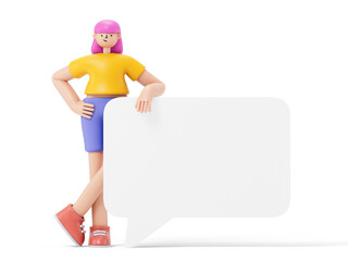 woman leans on a speech bubble