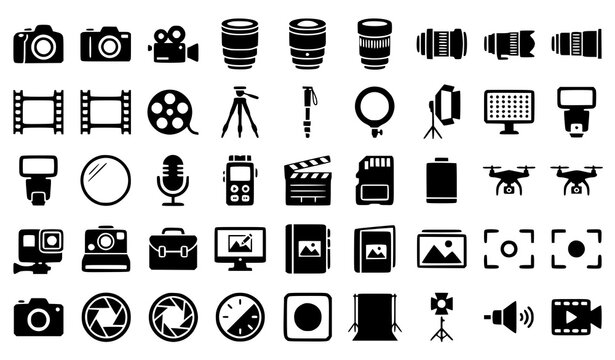 Modern Photography and Camera Multimedia Silhouette Icon Pack for Video Production Vector