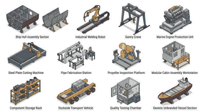 Collection of isometric industrial machinery and equipment used in shipbuilding and manufacturing processes.
