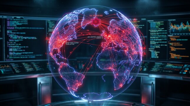Digital globe visualization showing a large-scale botnet controlling thousands of infected devices through interconnected cyber attack infrastructure.