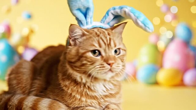 Cute ginger cat wearing Easter bunny ears looking at camera with colorful eggs on yellow background