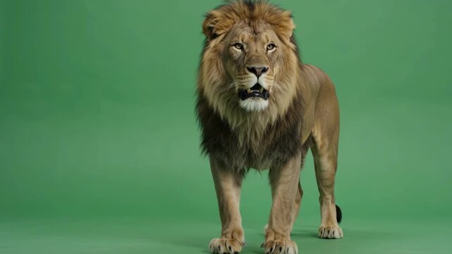 A majestic lion with a thick mane stands full-length against a green screen chromakey background and looks at the camera. The powerful wild predator demonstrates calmness