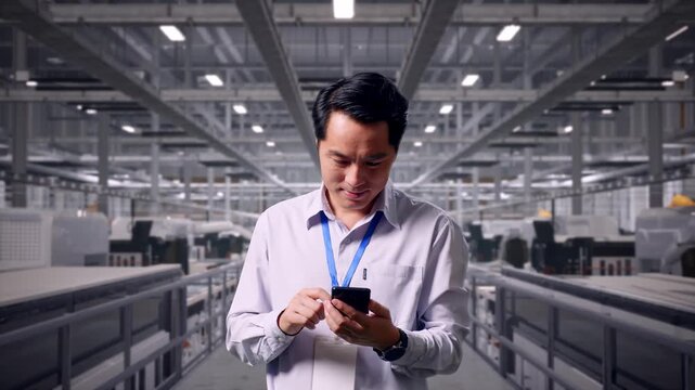 Asian Male Professional Worker Standing With His Smartphone at Solar Panel Manufacturing Factory with Automated Robotic Assembly Line, Work Continuously On His Device
