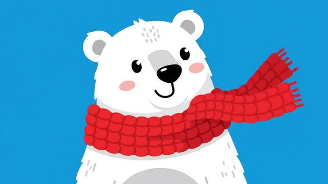 Cheerful animated polar bear wearing a red scarf, a fun winter holiday celebration with a smiling expression against a blue backdrop