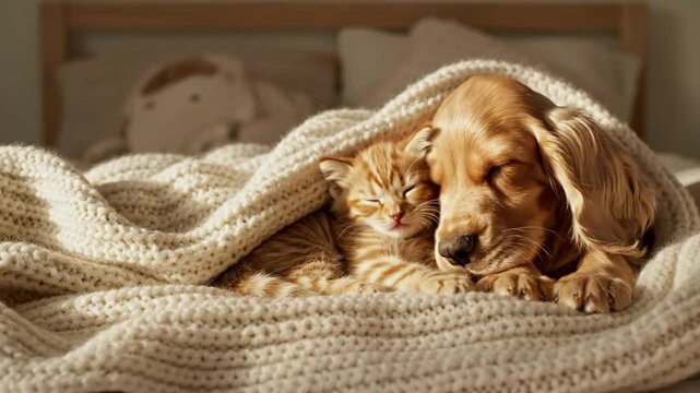 Cozy naptime: Adorable kitten and golden cocker spaniel snuggling under a soft blanket in sunlight.