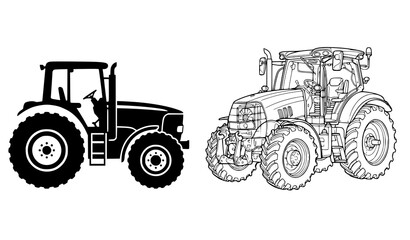 Farm Tractor Vector Collection with Black Silhouette and Detailed Outline Design © MDNOYON