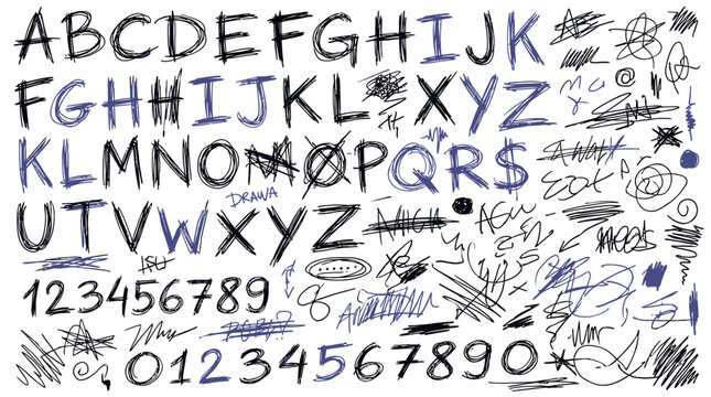 Comprehensive assortment of chaotic messy handwritten font characters including numerical figures scribbles and artistic doodles isolated on white vector background for creative design projects