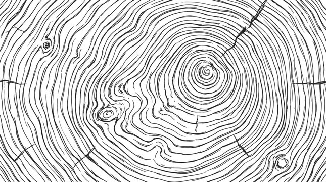 Monochrome hand drawn wood annual rings texture. Abstract organic timber grain background with wavy wooden fiber contours and deformed circular trunk swirls in minimalist black and white vector.
