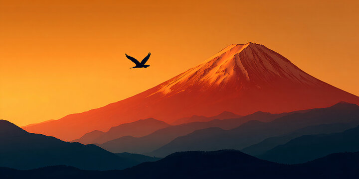Bird Flying Over Mount Fuji at Golden Sunset