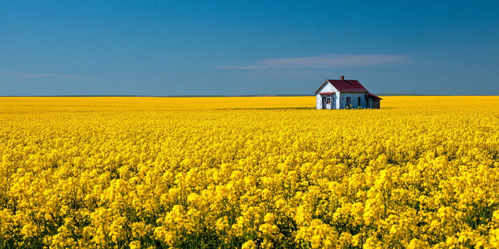 Vivid Yellow Canola Field with Country House in Distance