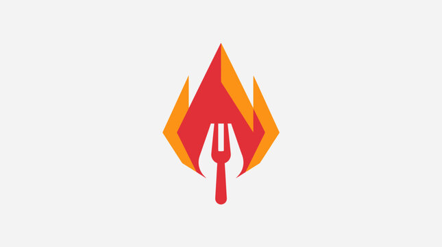 A minimalist graphic icon featuring a stylized fork inside a bright flame shape