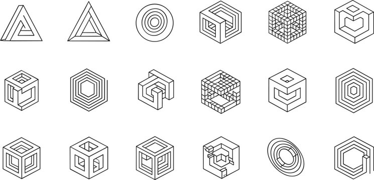 Minimal Abstract Geometric Optical Illusion Outline Icon Set With Cubes Triangles Circles And Modern Line Shapes