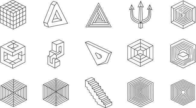 Minimal Abstract Geometric Optical Illusion Outline Icon Set With Cubes Triangles Hexagons And Perspective Structures
