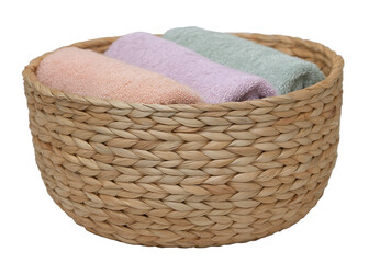 Obraz premium A wicker basket contains rolled towels in pink, purple, and green.
