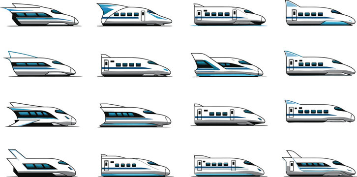 High Speed Train Set With Modern Railway Vehicles And Bullet Transport Views Flat Vector Illustration Design