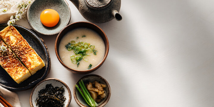 Japanese Breakfast with Tofu Rice and Vegetables Flat Lay