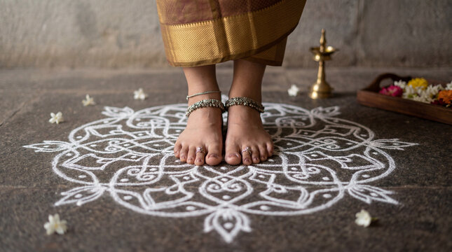 Traditional Indian Kolam Design with Bare Feet