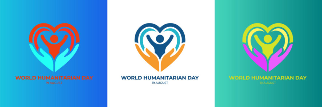 World humanitarian day banner set, human care heart logo with helping hands vector illustration