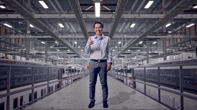 Full Body Shot Captures Of An Asian Male Professional Worker Standing at Solar Panel Manufacturing Factory with Automated Robotic Assembly Line, His Broad Smile At The Camera And Giving Thumbs Up