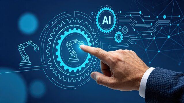 Artificial intelligence and robotics automation concept, human hand touching futuristic digital interface with gears and robotic arm icons on blue background.