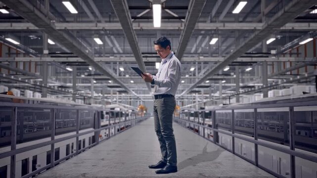 Full Body Side View Of An Asian Male Professional Worker Standing With His Tablet at Solar Panel Manufacturing Factory with Automated Robotic Assembly Line, Working Continuously With His Tablet