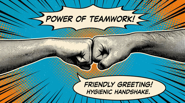Animated retro halftone illustration of a fist bump gesture representing a hygienic handshake, friendly greeting, and the power of successful teamwork and partnership between collaborators.