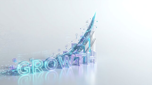 Glowing three dimensional growth text with rising financial bar charts and digital data particles on a clean white background surface