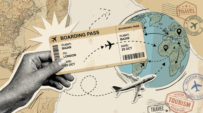 Vintage halftone illustration of human hand holding airplane boarding pass with dotted flight route paths and arrow, artistic travel tourism concept for vacation adventure collage animation.