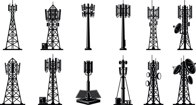 Silhouette Collection of Communication Towers and Antennas for Telecommunication Infrastructure Design
